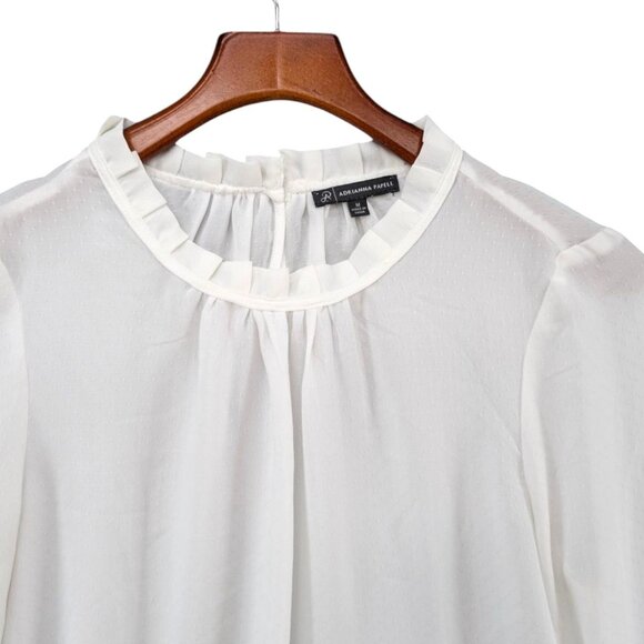 Adrianna Papell Clip Dot Blouse Womens White Long Sleeve Pleated Neck Top Sz M - Picture 3 of 8
